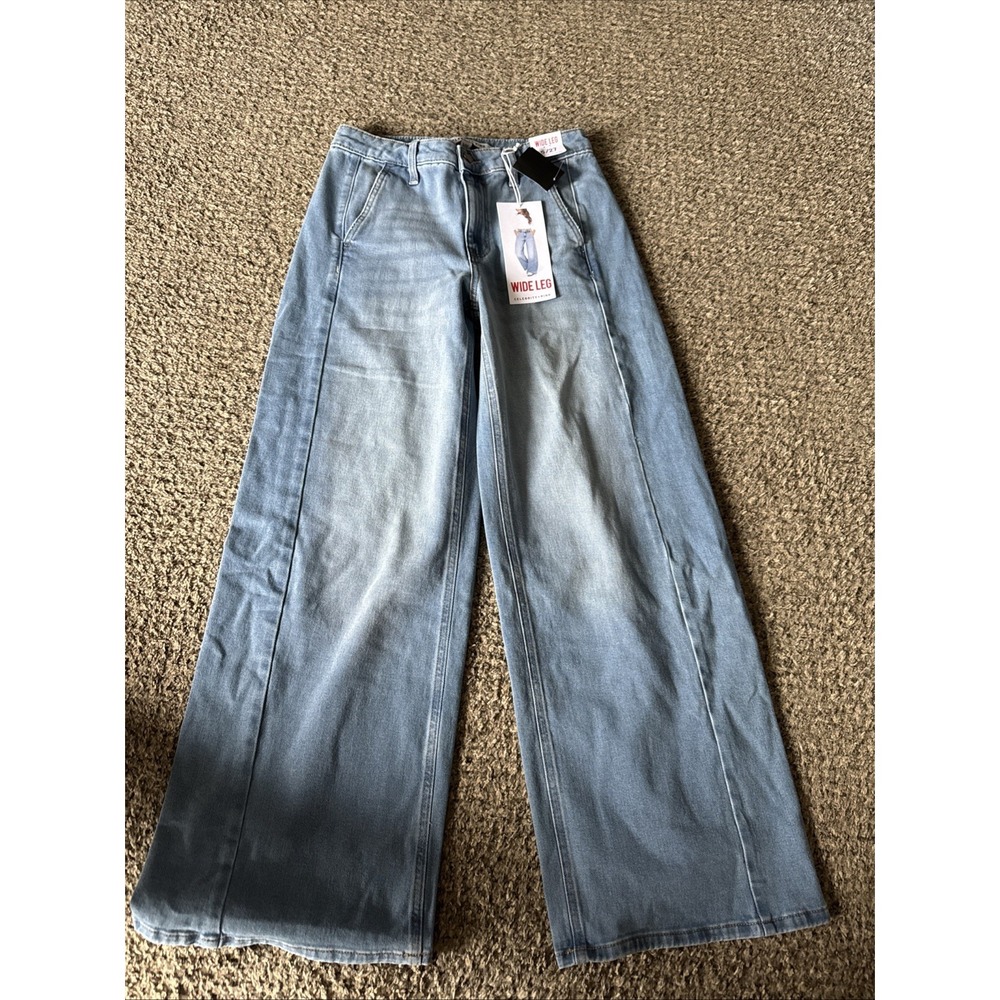 Celebrity Pink Wide Leg Jeans High Rise Buckle Cinch Back Light Wash Size 5/27